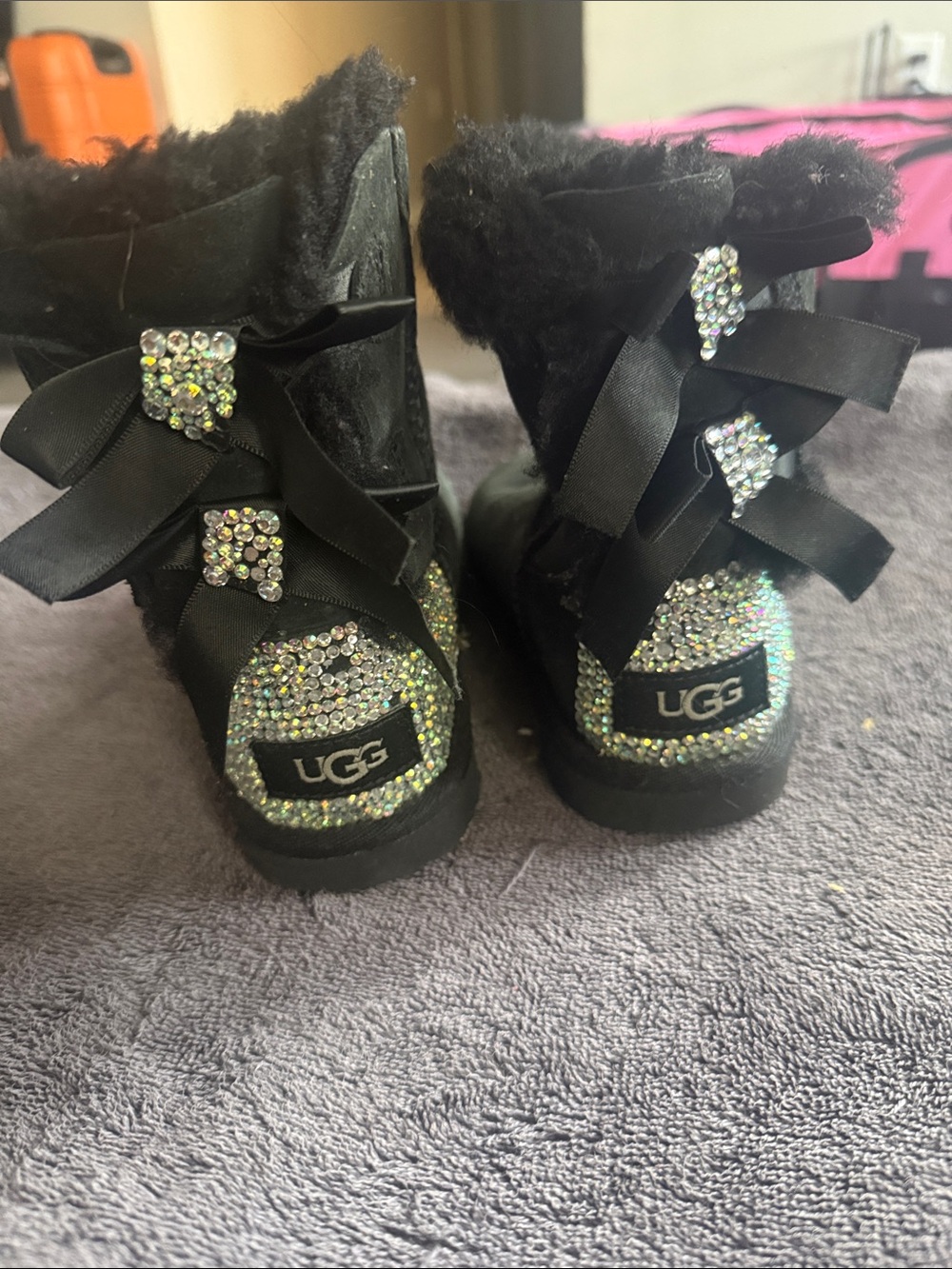 UGG Kids Black Faux-Fur Bow Boots with Crystal Embellishments